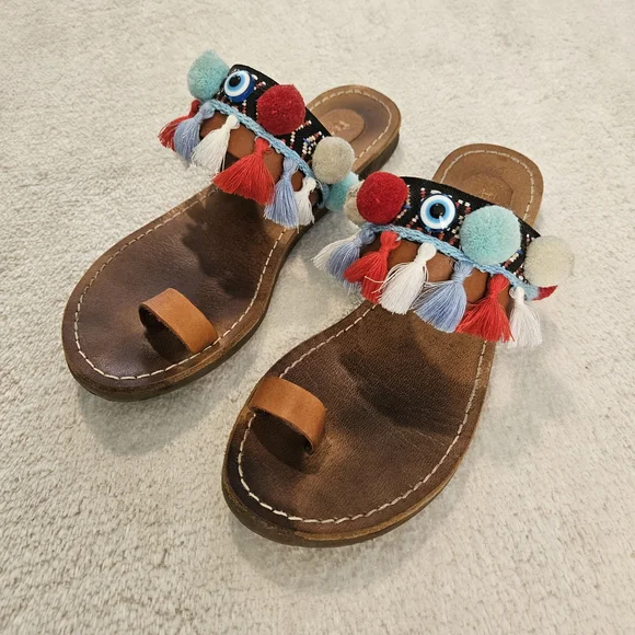 Brown Leather Pom Pom Sandals Colorful Size 9 Bohemian Tassel Western Summer - Picture 2 of 10